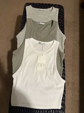 Zara Ribbed Tank Top Set - White, Olive, Light Gray (3 Pack) Large!